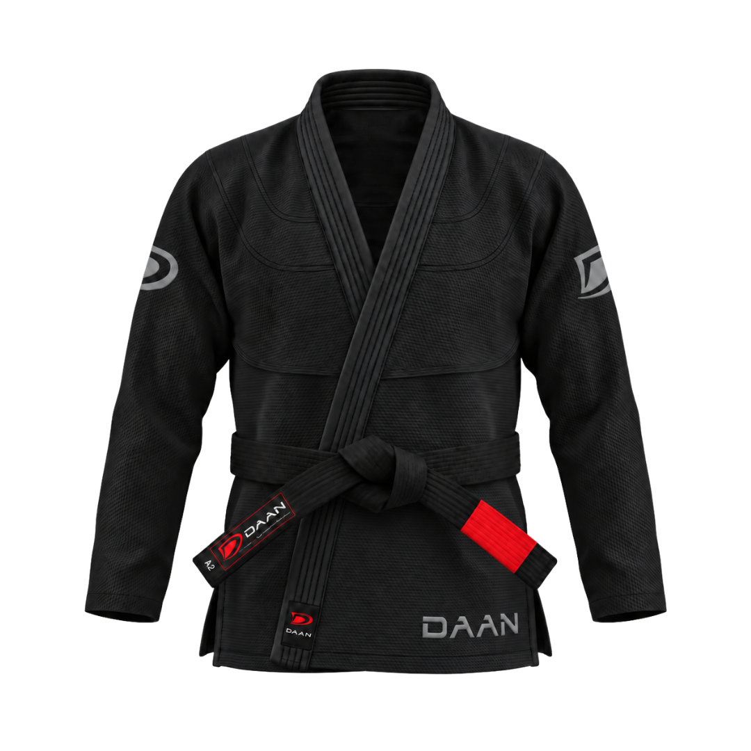 Black DAAN Prime Black BJJ gi jacket, front view