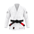 White DAAN Glacier Elite BJJ gi jacket with black belt, front view