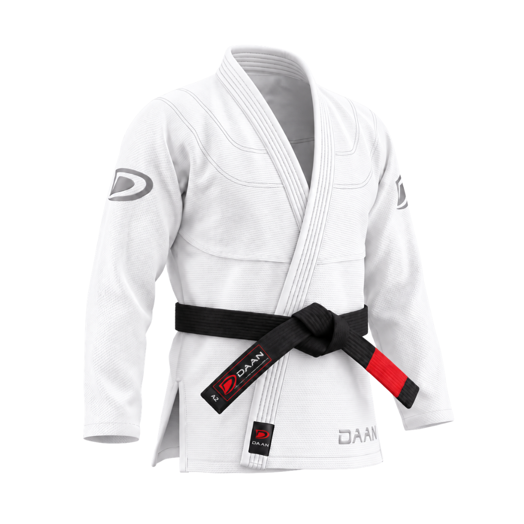 White DAAN Glacier Elite BJJ gi jacket with black belt, front view