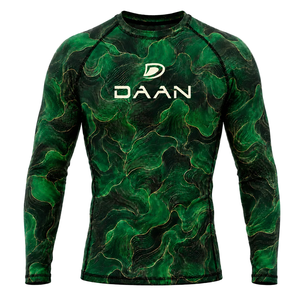 DAAN Bone Strike BJJ rash guard, green, long sleeve, men's, front view