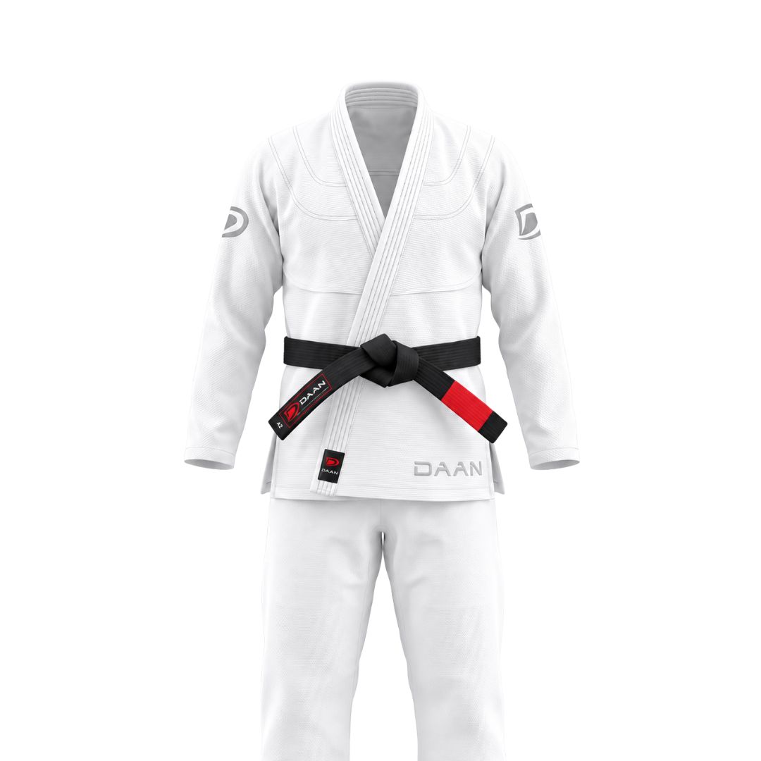 Full white BJJ gi set, jacket and pants, on white background