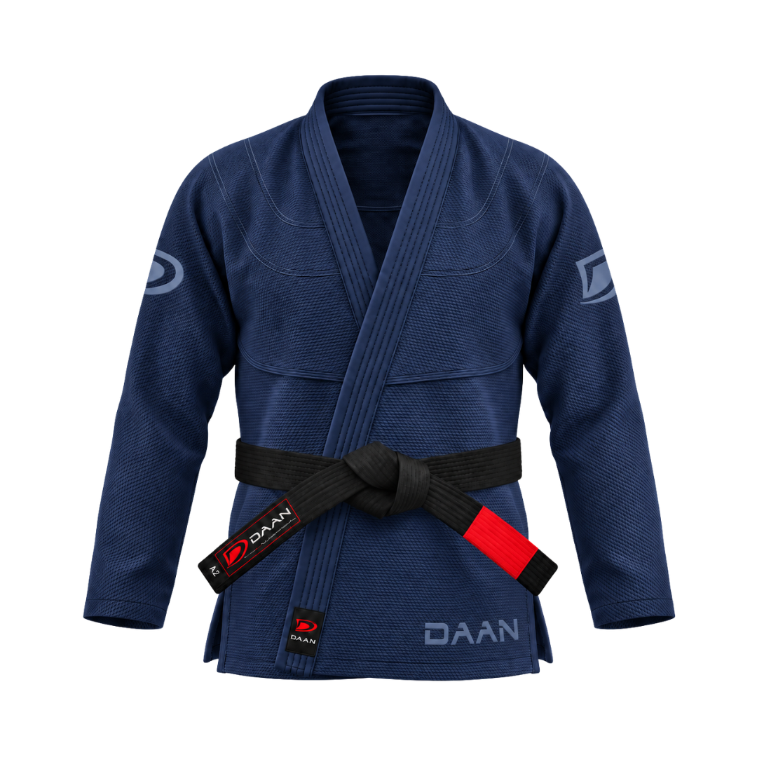 Navy blue DAAN Midnight Elite BJJ gi jacket, front view