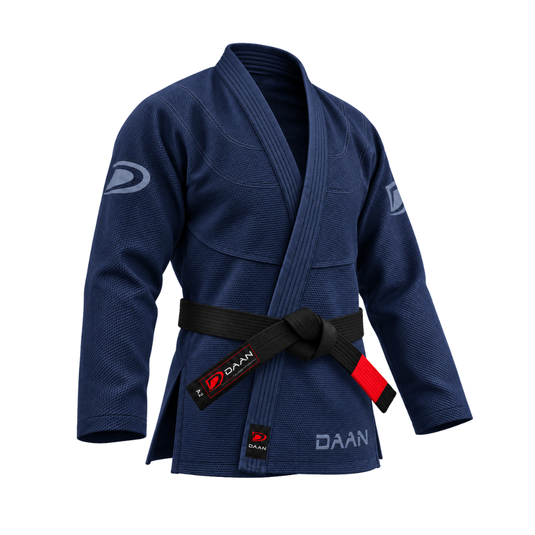Navy blue DAAN Midnight Elite BJJ gi jacket, front view