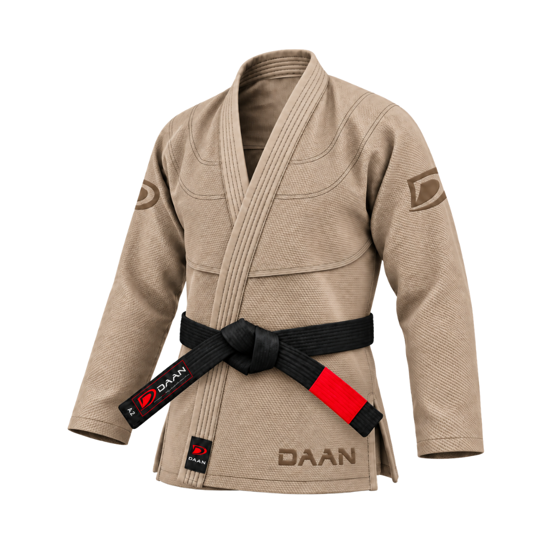 Sand colored DAAN Desert Elite BJJ gi jacket, front view