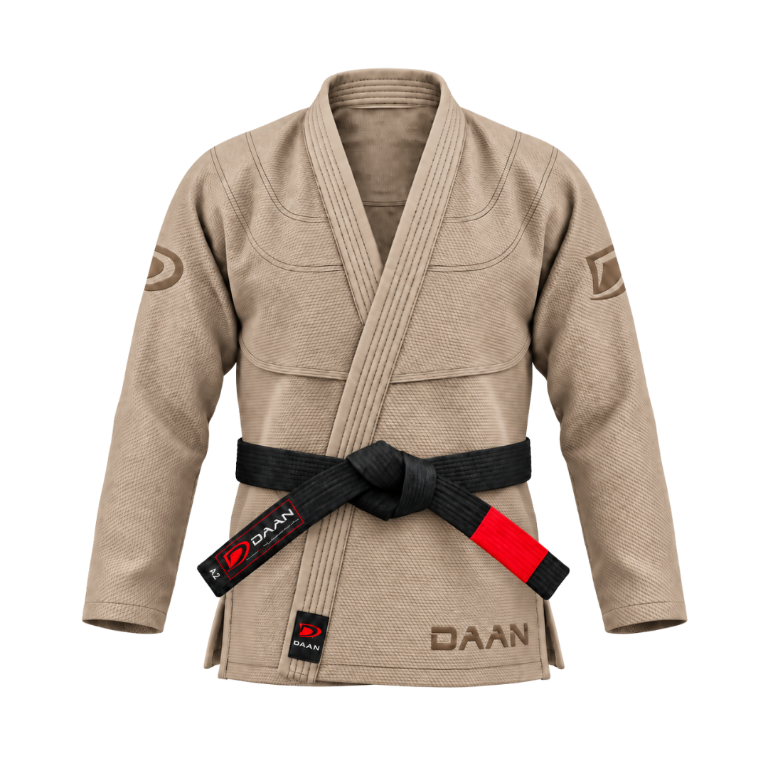 Sand colored DAAN Desert Elite BJJ gi jacket, front view