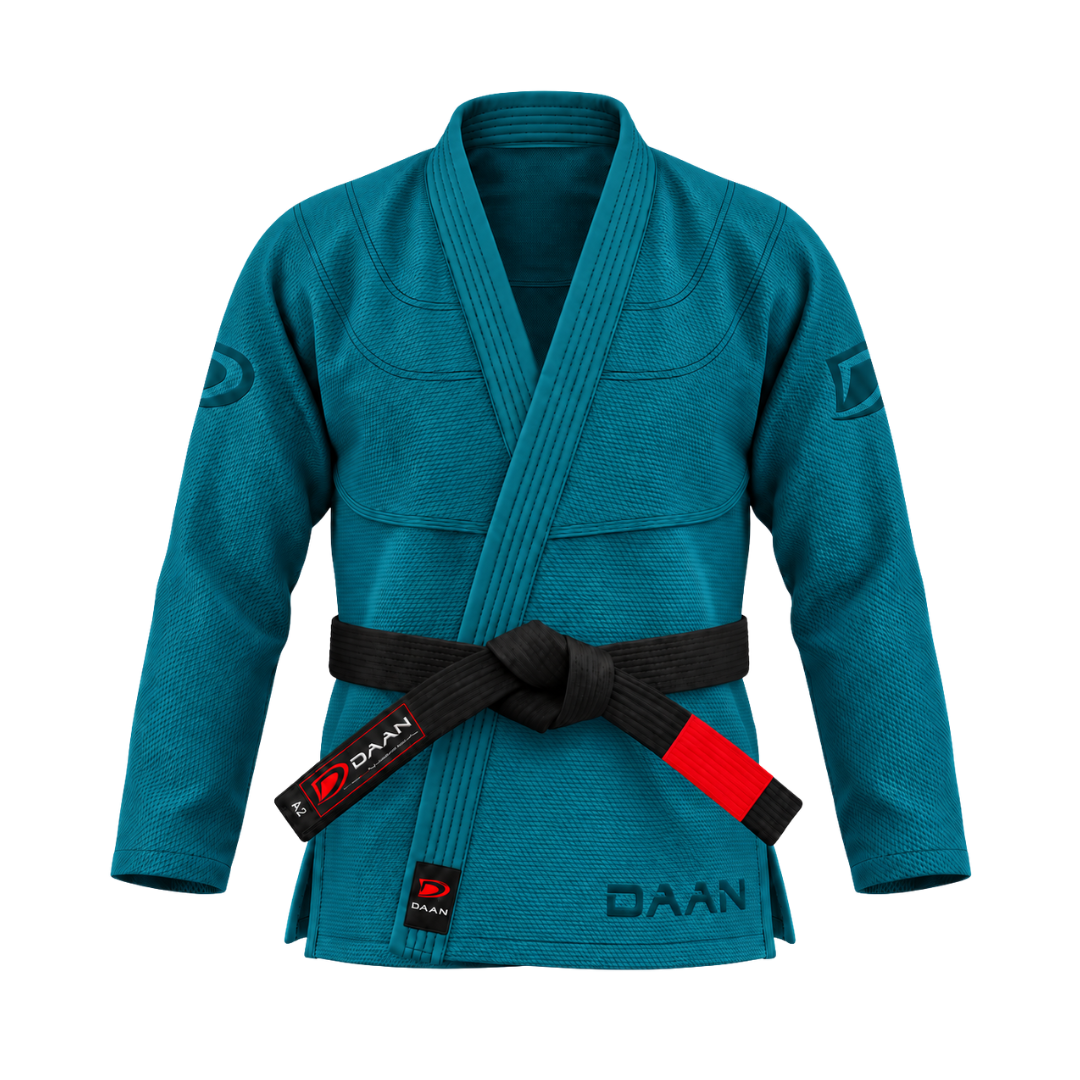 Teal DAAN Abyss Elite BJJ gi jacket, front view
