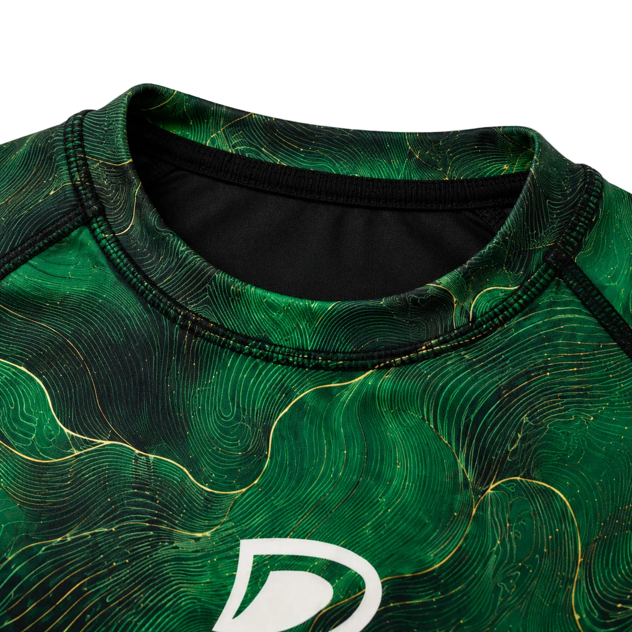 DAAN Bone Strike BJJ rash guard, green, long sleeve, men's, close up view