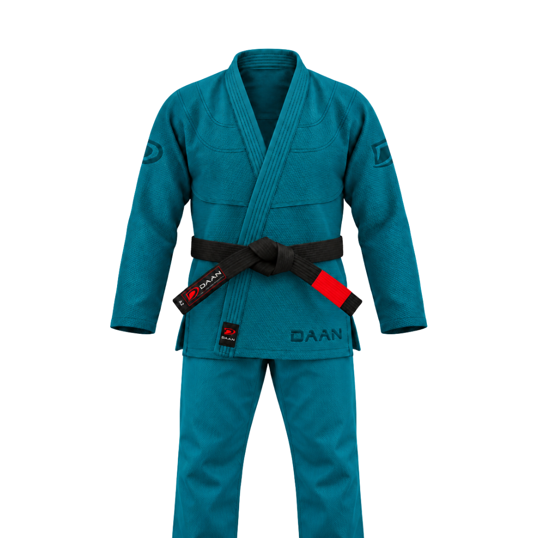 Teal jiu jitsu gi complete set on white background