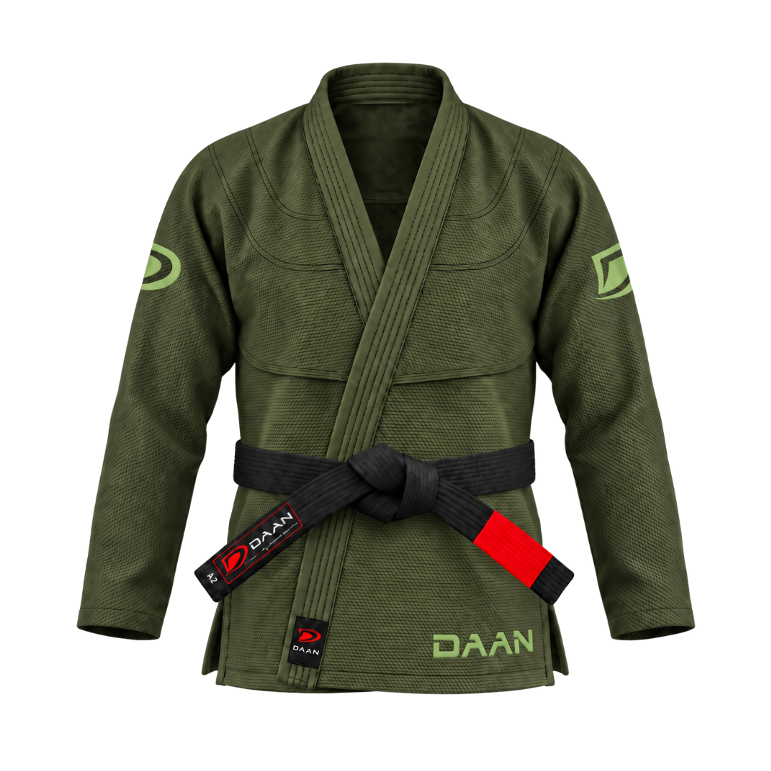 Olive green DAAN Vanguard Elite BJJ gi jacket, front view