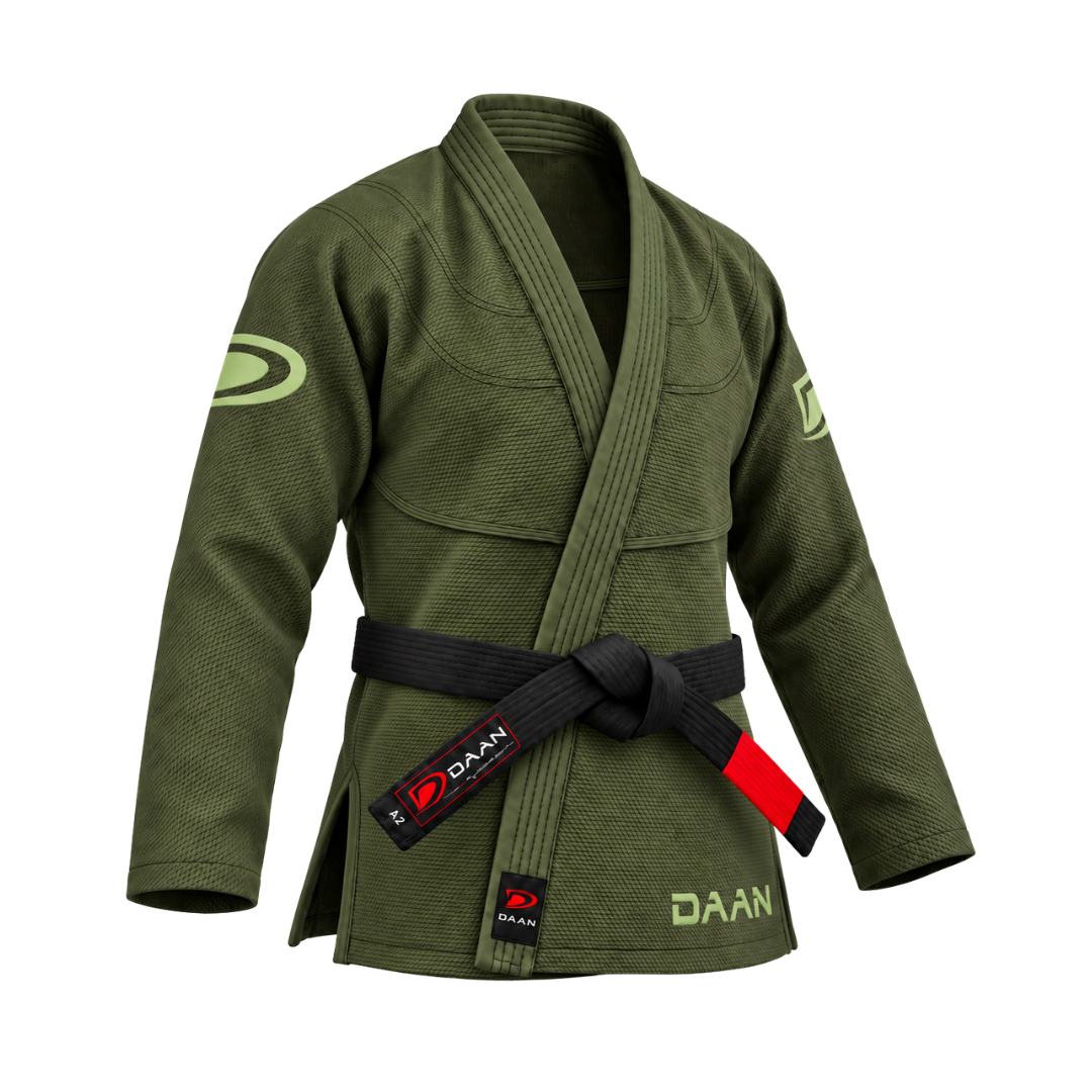 300 GSM olive pearl weave fabric detail on jiu jitsu gi