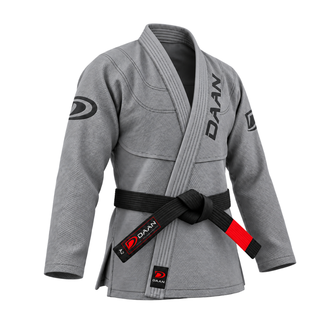 Shoulder embroidery detail on steel grey jiu jitsu gi
