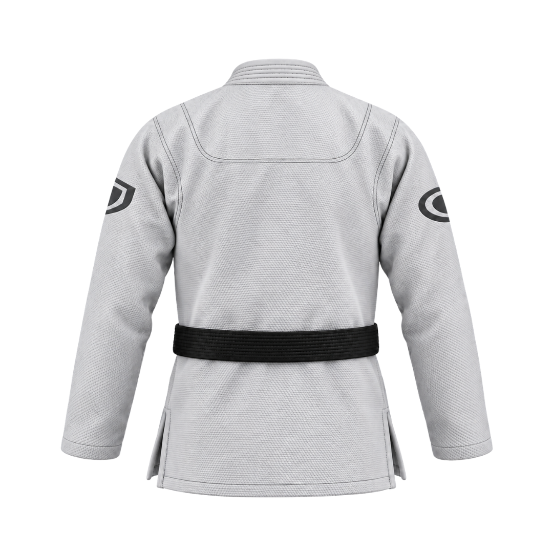 Grey BJJ gi pants with rope drawstring and reinforced knees
