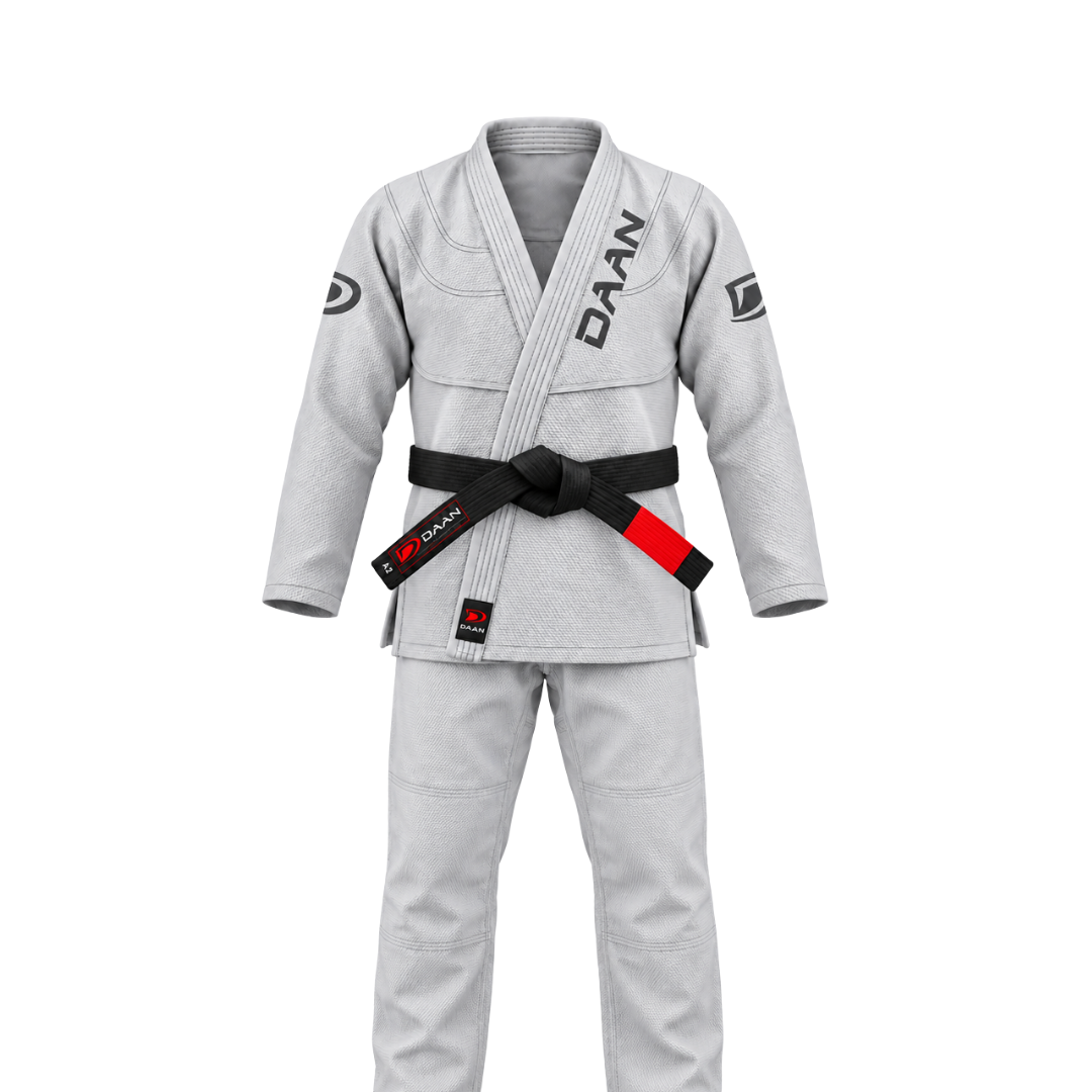 Complete heather grey BJJ gi set on white background