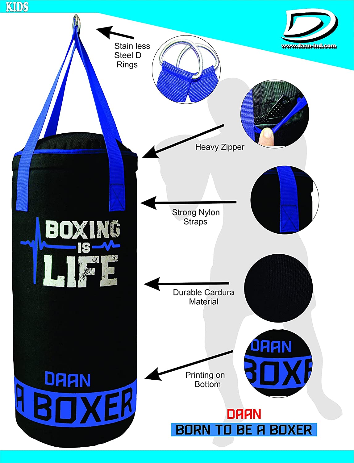 DAAN MMA Kids Boxing Punching Bag Set with Free Boxing Gloves Training Muay Fitness Workout Kickboxing Thai Taekwondo Exercise Fitness 50cm UNFILLED - DAANMMAUSA