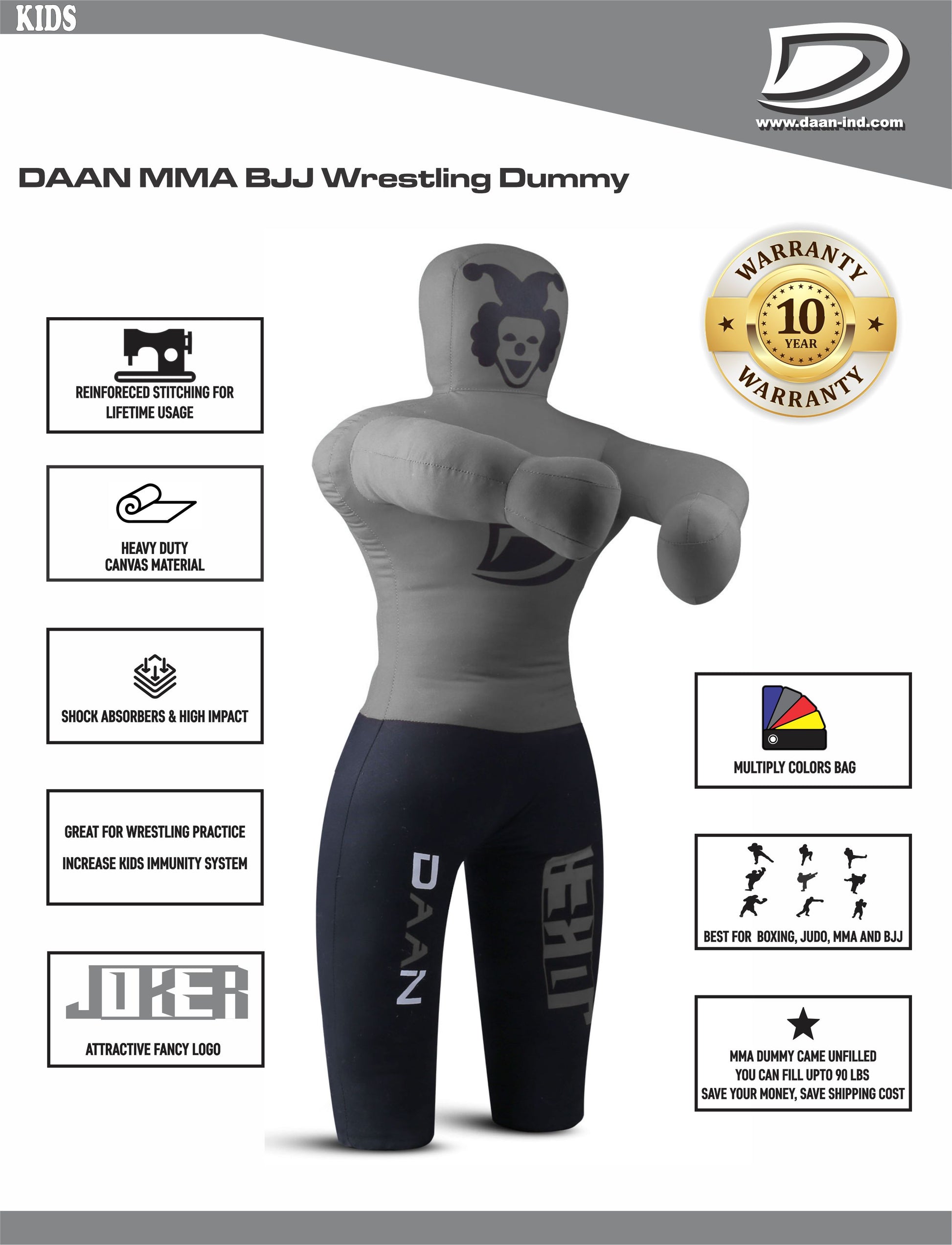 Daan Mma Grappling Dummy for Kids BJJ Wrestling Dummy Punching Bag MMA Brazilian Jiu Jitsu Children Judo Youth Throwing Boxing Dummy Dummies UNFILLED - DAANMMAUSA